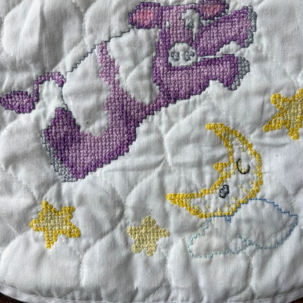 Baby Ware Janlynn Quilted Bib Purple Cow Moon‎ Stars Cross Stitch Tie